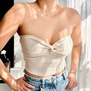 H&M Cream Twist Front Strapless Ribbed Crop Top